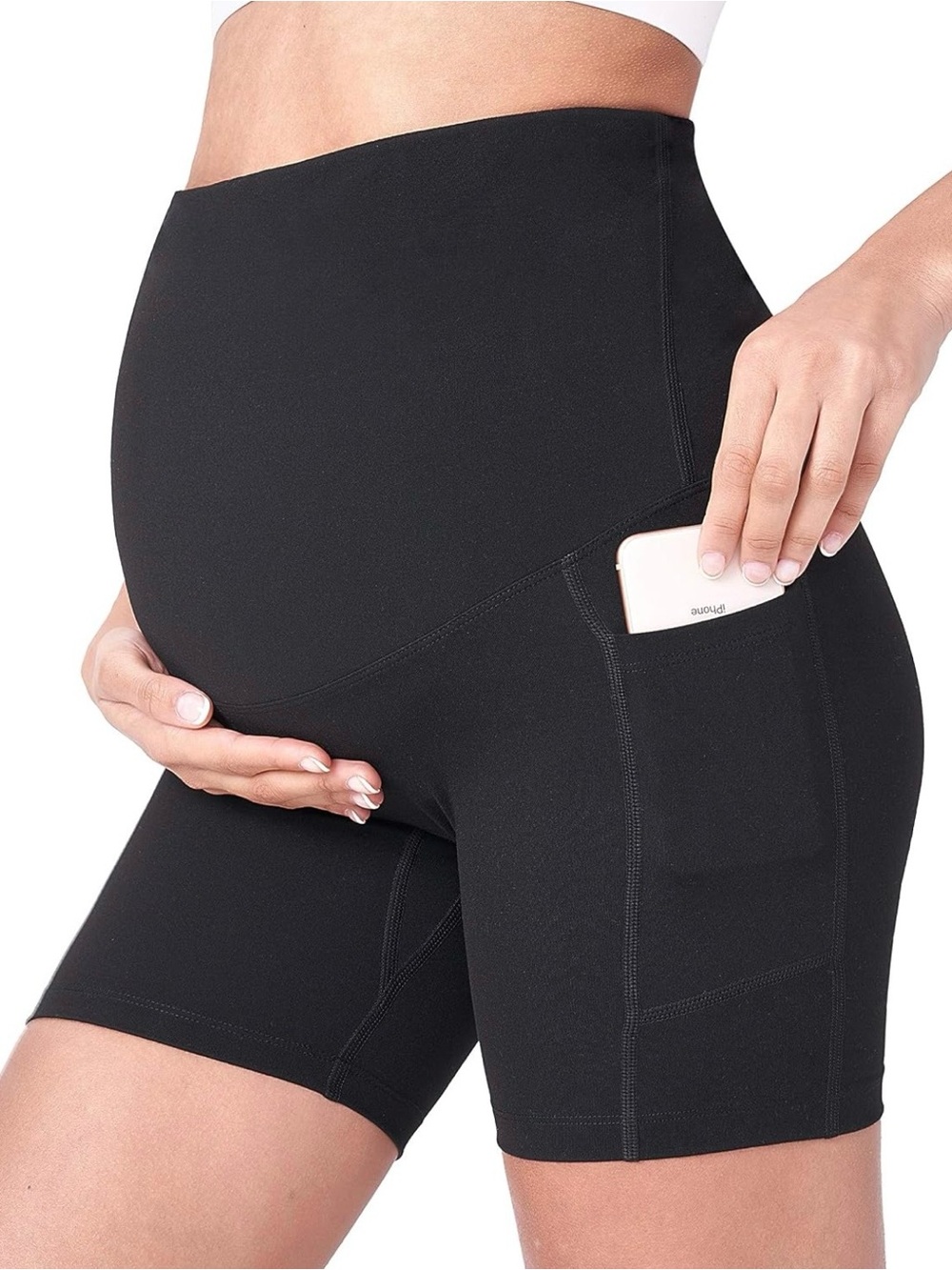 Maternity High-Waist Bike Shorts with Side Pocket - Black